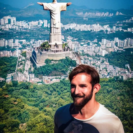 Image similar to high quality portrait of a monkey in front of Christ The Redeemer, studio photograph, photograph, realistic photo, 8k photo, 4k photo, stock photo, high resolution, cinematic shot, high detail