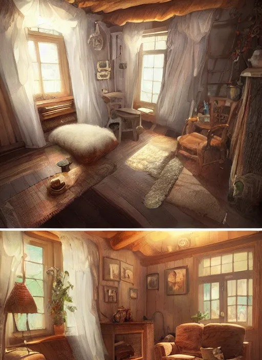 Image similar to beautiful interior of a cozy cottage, trending on artstation