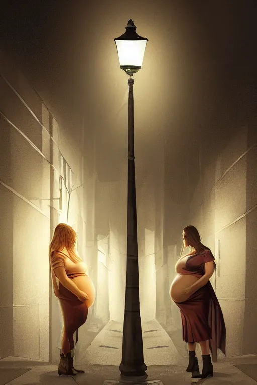 Prompt: pregnant woman under street light, highly detailed, sharp focused, ultra realistic digital concept art by Greg Olson