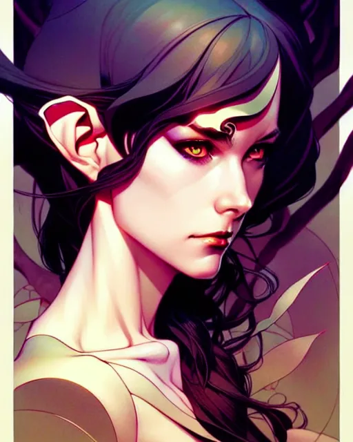 Image similar to artgerm, joshua middleton comic cover art, full body pretty even rachel wood elf, symmetrical eyes, symmetrical face, long curly black hair, beautiful forest, chiral lighting