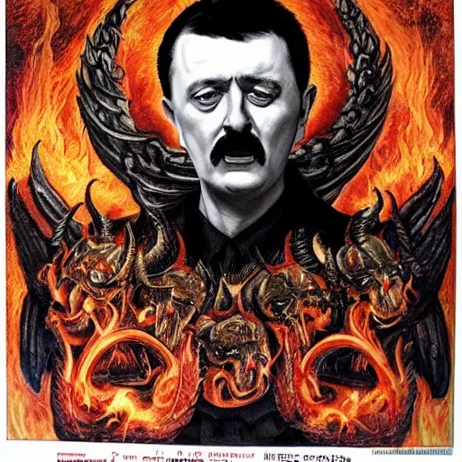 Prompt: igor ivanovich strelkov became an bloody angry degraded satanic hellfire demon calling for total mobilization, photo - realistic, color image, 2 k, highly detailed, bodyhorror, occult art
