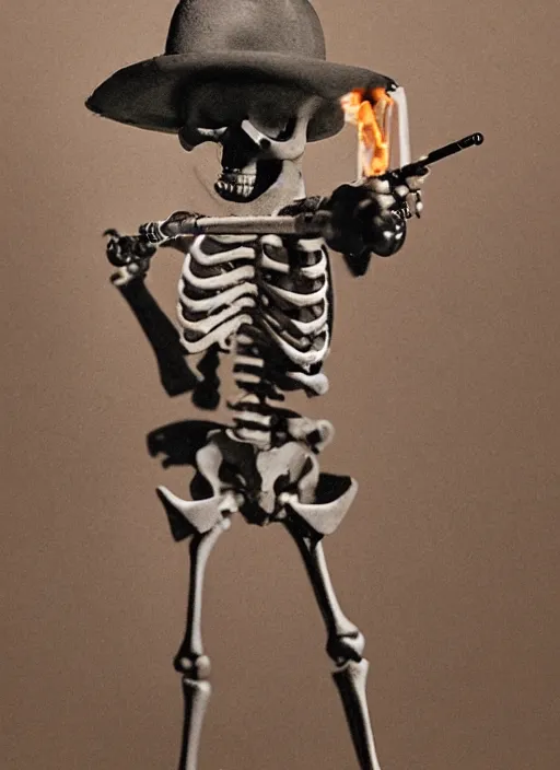 Image similar to photo of a real skeleton holding revolvers and smoking a cigarette, 8 k, hd, highly detailed