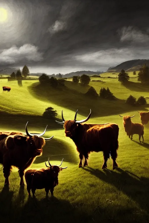 Image similar to peaceful farmland and highland cattle, in the style of tim smith, solarpunk, atmospheric, clean, intricate and epic composition, gray by caravaggio, insanely quality, highly detailed, masterpiece, white light, artstation, 4 k