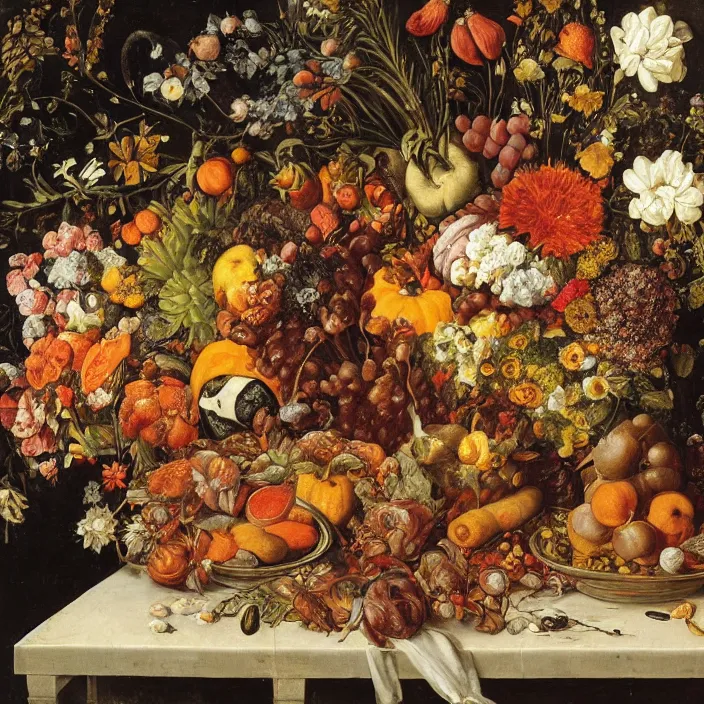 Image similar to victorian thanksgiving feast, flowers and fruits in a garden at night, black background, vanitas, a still life by giuseppe arcimboldo, a flemish baroque by jan van kessel the younger, intricate high detail masterpiece