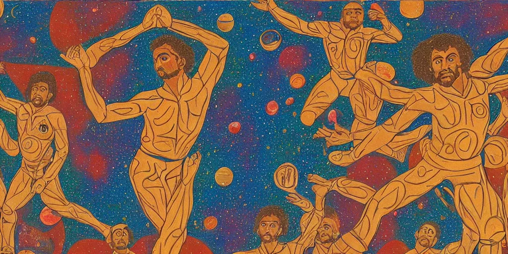 Image similar to an abstract space station background, a multiracial greek god dancing, clear eyes. 2 4 mm, photorealistic, muted color scheme, directed by mati klarwein