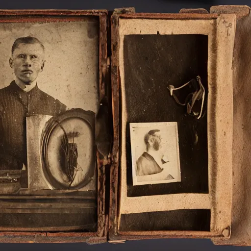 Image similar to Tintype photograph of found objects displayed in an ethnographic museum, archive material, anthropology, 1920s studio lighting.