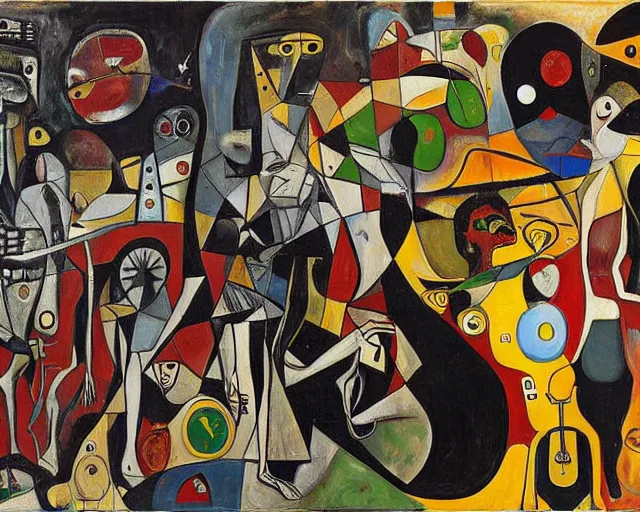 Image similar to a painting of guernica with aliens and robots by graham sutherland, egon schiele, gustav klimt, joan miro, basquiat!, expressionism