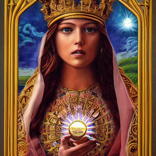 Image similar to A extremely highly detailed majestic hi-res beautiful immaculate head and shoulders award winning painting stunning masterpiece of a tarot card the sun, high detail, hyperrealistic, photorealistic, octante render, cinematic, high textures, royaltly, royal, hyper sharp, 4k insanely detailed and intricate, hypermaximalist, 8k, hyper realistic, super detailed, 4k HDR hyper realistic high,