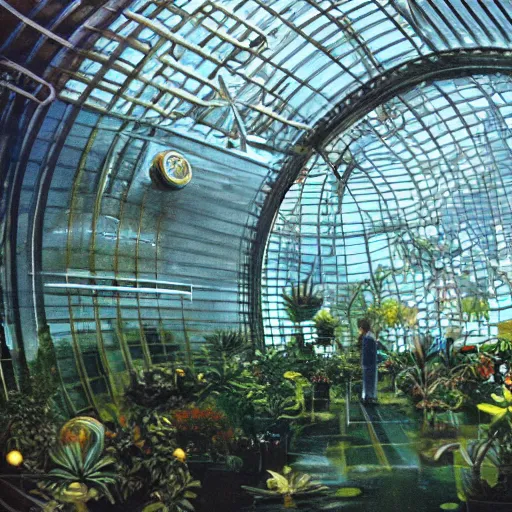 Prompt: a cinematic view of the inside of a domed orbital space habitat, large indoor greenhouse with exotic plants, retrofuturism, scifi art, oil on canvas, biodome, stars in the sky above