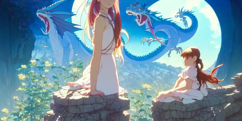 Image similar to the girl and the magic dragon. anime visual, early in the morning. by hayao miyazaki and rossdraws and artgerm and greg rutkowski and alphonse mucha. anime production by studio ghibli. high quality, stunning, intricate detailed environment. 8 k