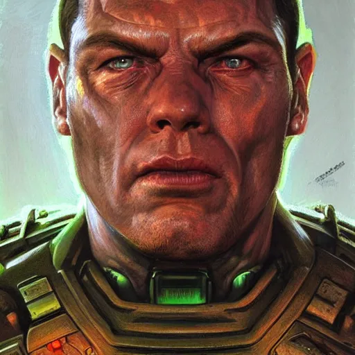 Prompt: The Doomguy, close-up Sci-Fi portrait art by Donato Giancola and James Gurney, digital art, trending on artstation