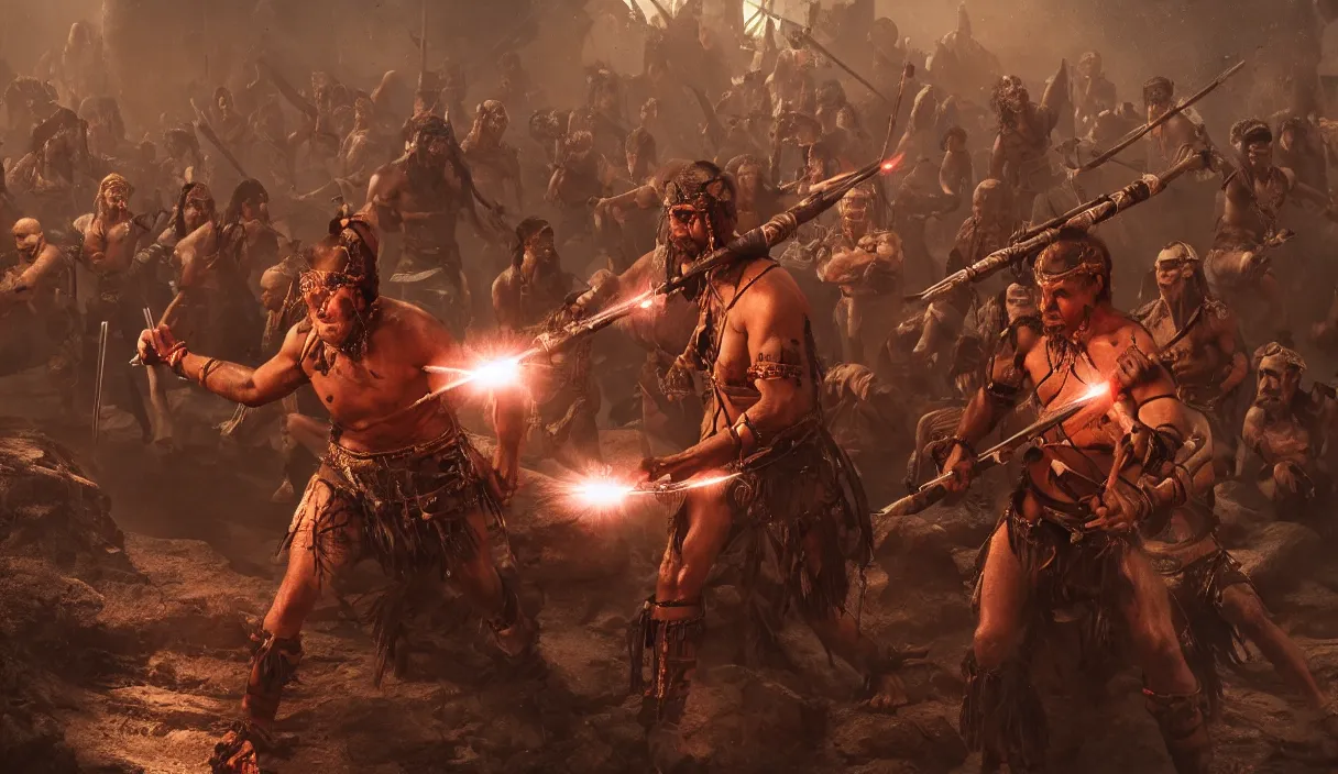 Image similar to an ancient tribesman with laser sword standing in front of barbarian horde, dramatic lighting, cinematic, establishing shot, extremely high detail, photorealistic, cinematic lighting, artstation, octane render, western,old photo, vintage
