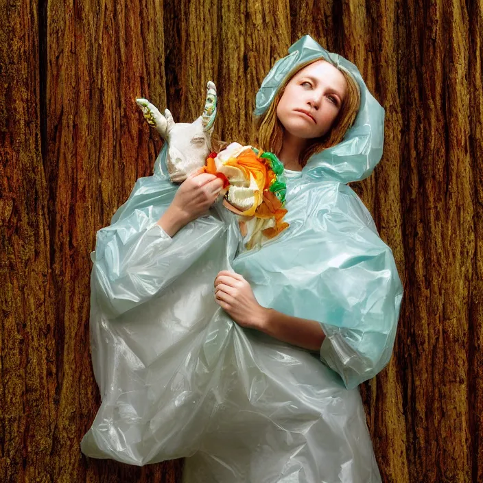 Prompt: a color photograph, closeup portrait of a woman wrapped in plastic, holding a unicorn skull, in a foggy redwood forest, color photograph, by vincent desiderio, canon eos c 3 0 0, ƒ 1. 8, 3 5 mm, 8 k, medium - format print