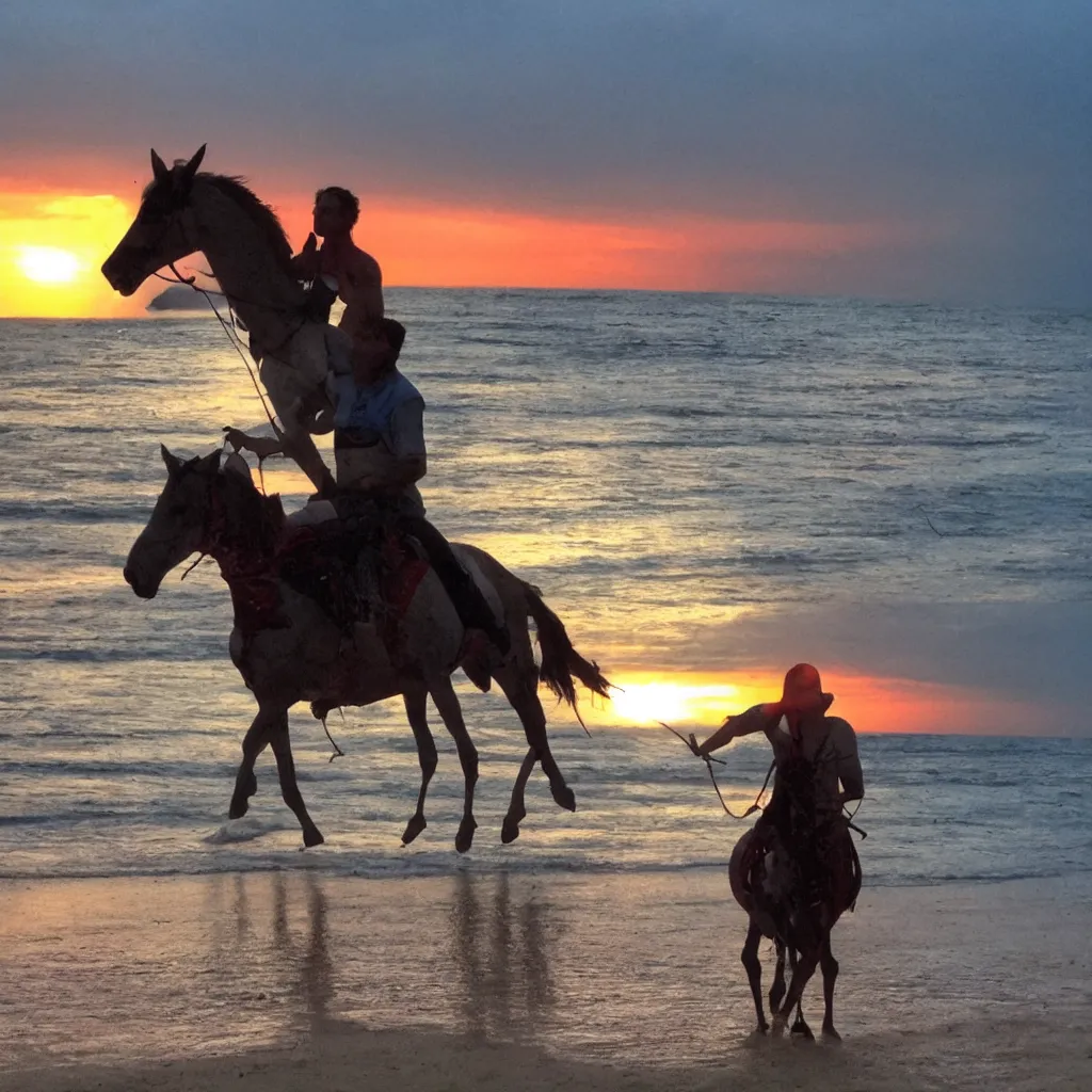 Prompt: Emin Gün Sirer riding a red horse in a white beach, sun sets, dramatic lighting, heroic exposure