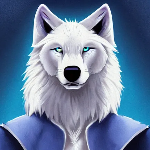 Prompt: furry ( fandom ) art of a cute anthropomorphic white wolf with blue accents and blue eyes, digital art, painting, trending on furaffinity