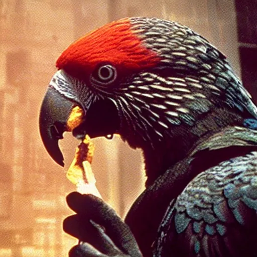 Image similar to Parrot eating a cracker, still from the movie Blade Runner (1982)
