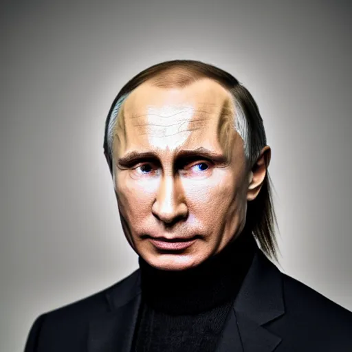 Prompt: ultrarealistic portrait of vladimir putin with a mullet haircut, canon eos r 3, f / 1. 4, iso 2 0 0, 1 / 1 6 0 s, 8 k, raw, unedited, symmetrical balance, in - frame