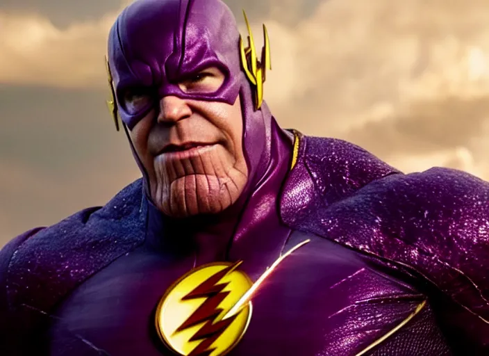 Image similar to film still of thanos as the flash in the new flash movie, 4 k, highly detailed face, detailed eyes