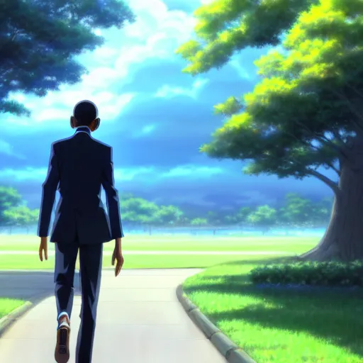 Image similar to beautiful makoto shinkai anime style digital painting portrait of barack obama at the white house walking away from a woman, heartbroken, 4 k, 8 k, hd, high resolution, highly detailed, intricate detail, ultra realistic faces, digital art, trending on artstation, your name, weathering with you