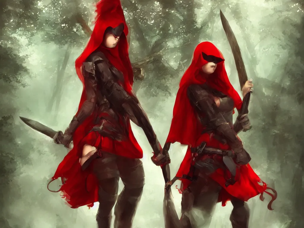 Prompt: a lonely girl in a red hood with a two - handed axe in a deep mystical forest. award winning. dramatic. trending on artstation. style by jim burns. high quality