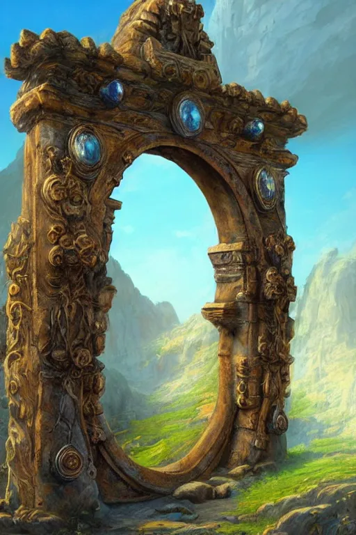 Image similar to A giant medieval fantasy blue energy portal gate with a rusty gold carved lion face at the center of it, the portal takes you to another world, full of colorful flowers on the lost Vibes and mountains in the background, spring, delicate fog, sea breeze rises in the air, by andreas rocha and john howe, and Martin Johnson Heade, featured on artstation, featured on behance, golden ratio, ultrawide angle, f32, well composed, rule of thirds, center spotlight, low angle view