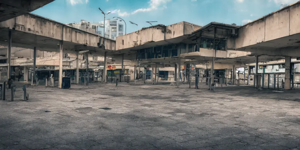 Image similar to an old and abadoned israeli bus station in tel aviv, without people, noon, sunlights, wide shot, digital art, ghibli style, makoto shinkai, flat colors