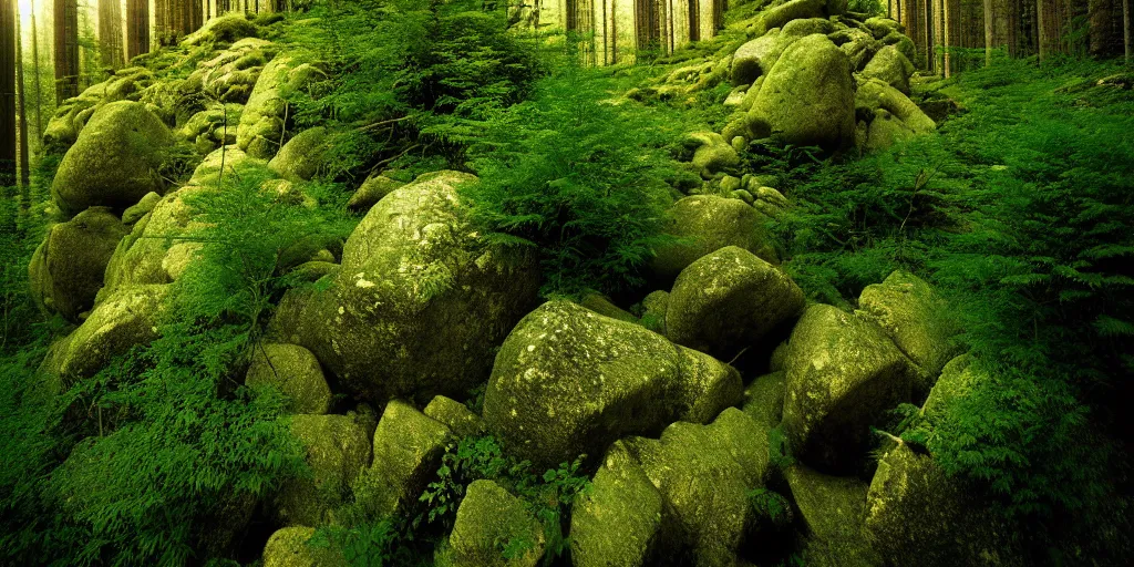 Prompt: lush montain rocky forest, dense vegetation, against light, bright details, contrasting, daylight, highly detailed, by dieter rams 2 0 0 0, national geographic magazine, reportage photo, natural colors