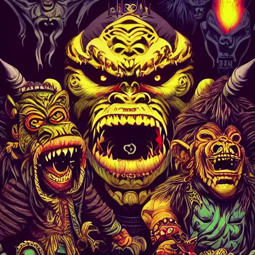 Image similar to barong family, wiwek, mara demon, one single tribe member, jungle, one single mask, dark, ancient warrior, stupid dump gorilla, tribal, inner glow, art by dan mumford and justin gerard