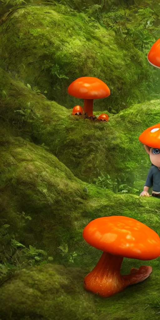 Image similar to a cute, little orange mushroom boy, surrounded by a green forrest, humanly realistic looking, moody , lovecraft, giger, ridley scott, zack snyder, Fenghua Zhong, realistic cinematic lighting, establishing action shot, ultra detailed, hyper realism, photo, octane render