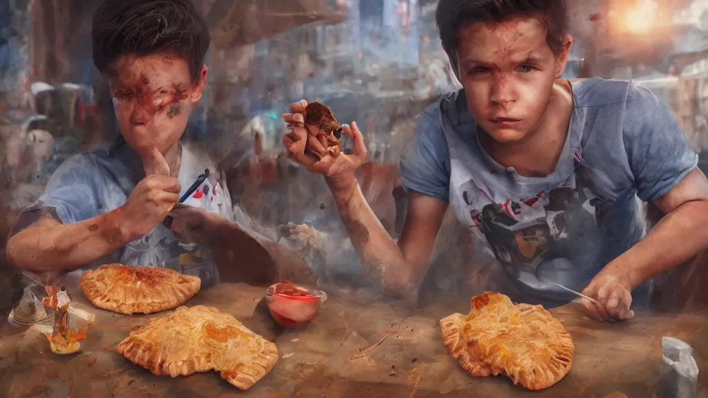 Image similar to ''homelander from the boys eating empanada, digital paintting, ultra realistic, very detailed, cinematic shot, concept art, high quality, 8 k''