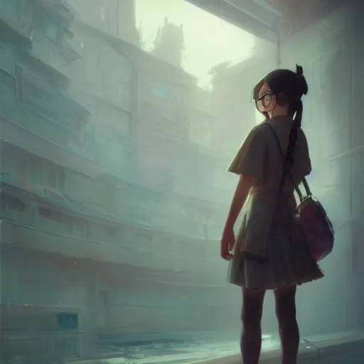 Prompt: a highly detailed epic cinematic concept art CG render digital painting artwork of a Japanese schoolgirl wearing glasses. By Greg Rutkowski, Ilya Kuvshinov, WLOP, Ruan Jia and Fenghua Zhong, trending on ArtStation, made in Maya, Blender and Photoshop, octane render, excellent composition, cinematic atmosphere, dynamic dramatic cinematic lighting, aesthetic, very inspirational, arthouse