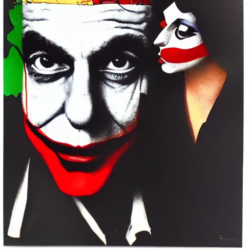 Image similar to richard hamilton and mimmo rottela and banksy as joaquin phoenix skinny joker holding hand lady gaga harley queen, ultra photorealistic, intricate details, pop art style, concept art, 3 colors, 4 d, smooth, sharp focus