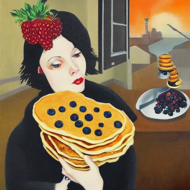 Prompt: tall emo female artist holding pancakes, in chippendale sydney, maple syrup, gold bullion, berries, pigs, octopus, acrylic on canvas, surrealist, by magritte and monet