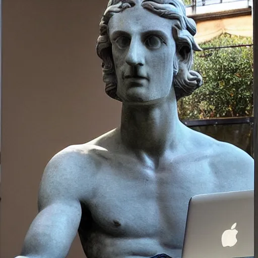 Image similar to epic greek marble statue of a thin tall man, shaved, with very long hair, coding on a laptop