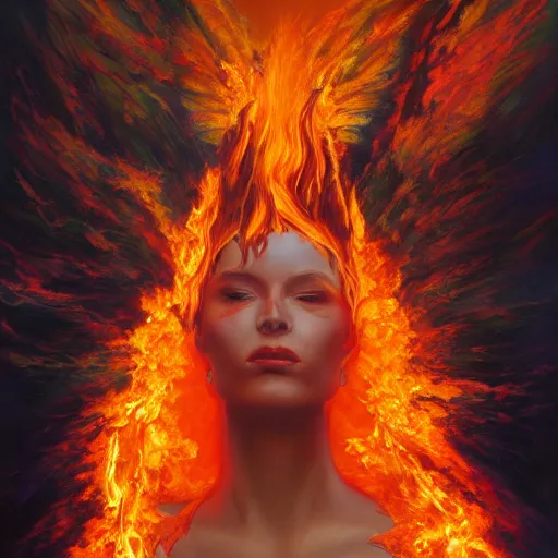 Prompt: A stunning painting of a goddess with a body engulfed in flames by Jim Burns, 8K UHD, intricate, fantasy, Trending on artstation.