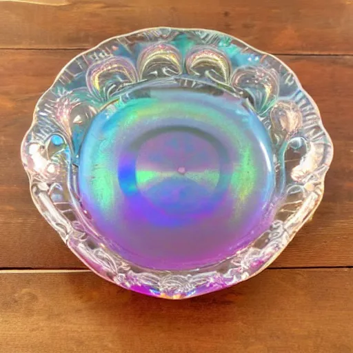 Prompt: pretty vintage iridiscent carnival glass found on a thrift store