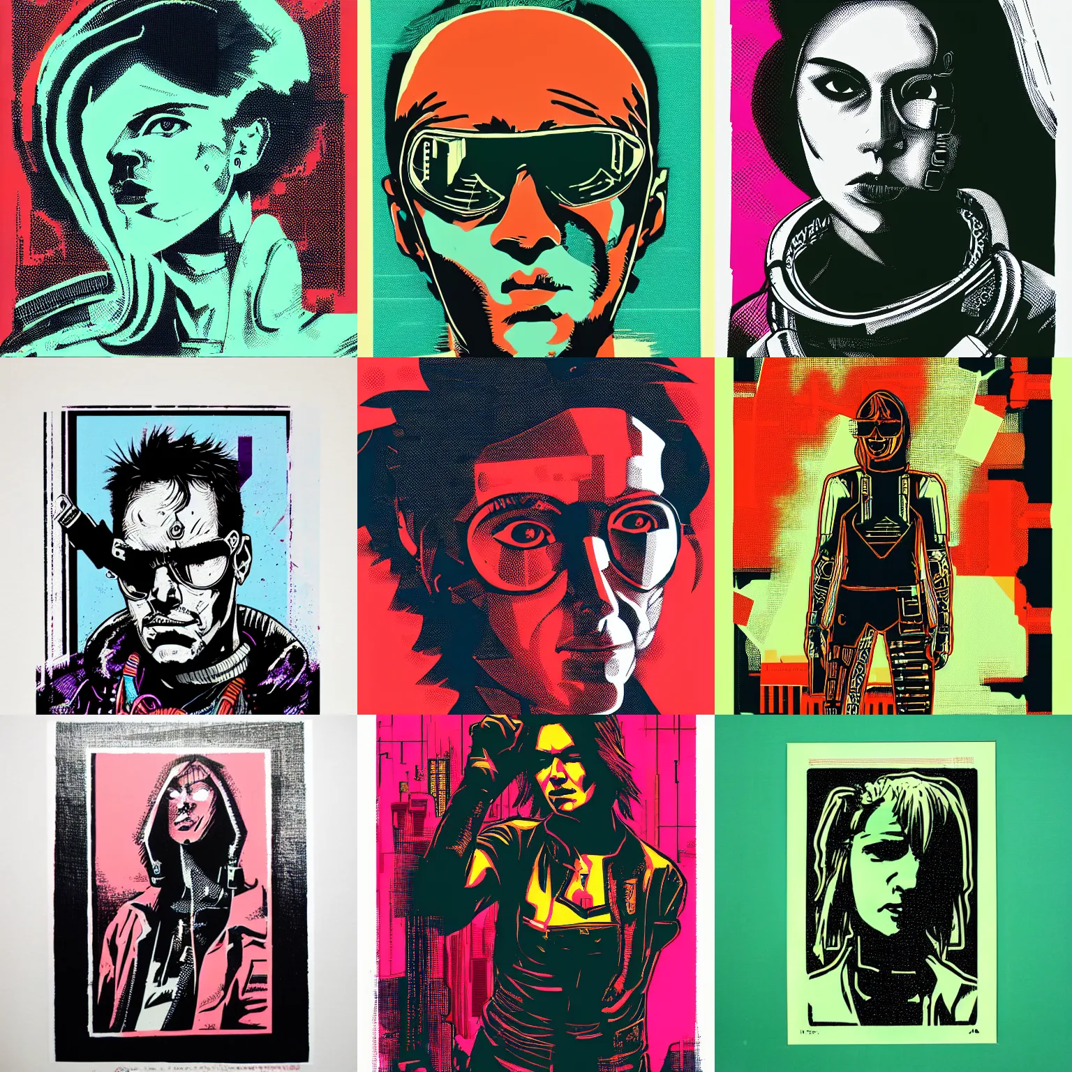 Prompt: a silkscreen print cyberpunk portrait