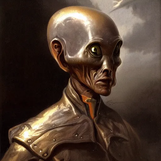 Image similar to male gray alien portrait, extraterrestrial by andreas achenbach