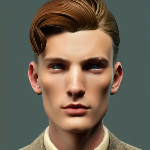 Image similar to A videogame portrait of a young Irish man with high cheekbones. Good bone structure. Dressed in 1940s style. (Hazel hair). Highly detailed, fine Art, high detail, great lighting, 8k resolution, masterpiece, concept art, illustration, clear eyes, painting oil on canvas, octane render, HDR, trending on artstation, 4k, 8k, HD