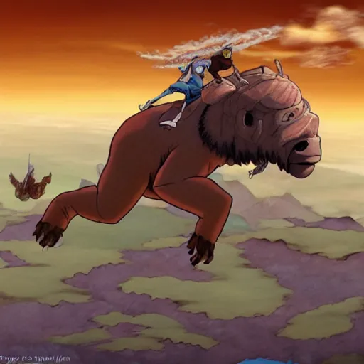 Image similar to tardigrade-like flying bison with aang as air-nomads; The Avatar: The Last Airbender and The Avatar: The Legend of Korra