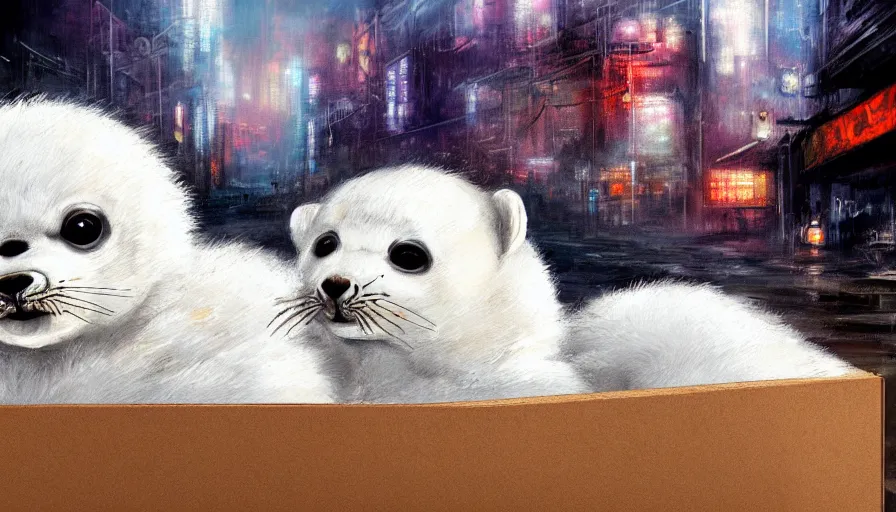 Image similar to highly detailed painting of cute furry white baby seals cuddled up in a cardboard box in a dystopian cyberpunk street by william turner, thick brush strokes and visible paint layers, 4 k resolution, retrowave colour scheme
