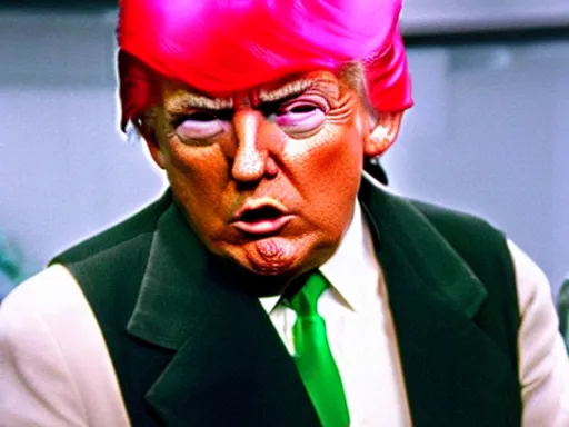 Prompt: donald trump as an oompa loompa with green hair, still from film chocolate factory 1 9 7 1