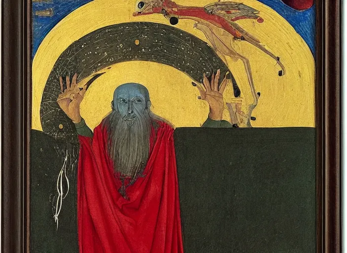 Image similar to A shaman holding up the universe, by Paolo Uccello, reflection, symbolist, soft colors, dramatic lighting, smooth, sharp focus, extremely detailed, aesthetically pleasing composition