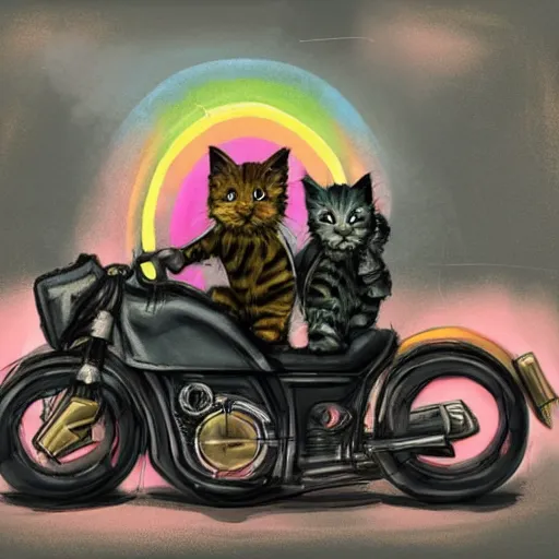 Image similar to wide angle full body, jacket wearing fluffy cute rainbow kitten wearing a black leather motorcycle jacket, riding on a motorcycle, cinematic concept art