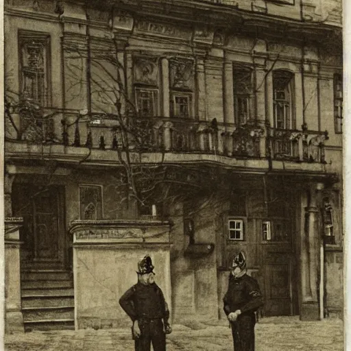 Prompt: by william henry hunt ornamented. the experimental art of a police station in the lithuanian city of vilnius. in the foreground, a group of policemen are standing in front of the building, while in the background a busy street can be seen.
