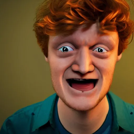 Image similar to realistic computer still of James Acaster in Five Nights at Freddys