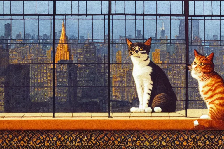 Image similar to painting of a cat, in a rooftop, watching new york, beautiful, sunset, romantic, by ludwig deutsch and maxfield parrish, patterned tilework, extremely detailed, cinematic lighting, smooth sharp focus