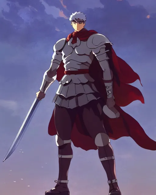 Image similar to powerful muscular warrior with a greatsword, fully clad in plate armor and wearing a cape, dramatic action pose, square masculine jaw, short messy hair, trending on pixiv fanbox, by greg rutkowski makoto shinkai takashi takeuchi studio ghibli, akihiko yoshida