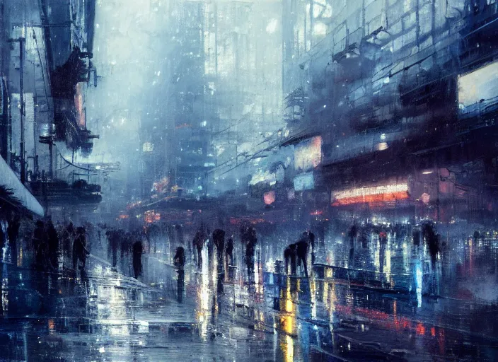 Image similar to neotokyo cityscape in winter painted by jeremy mann, street - level, dripping oil paint, thick brushstrokes, abstracted painterly techniques, high resolution, 8 k