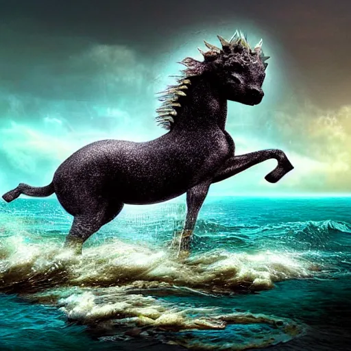 Prompt: a hippocampus rising from the sea, fantasy art,